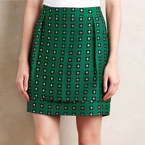 Anthropologie HD in Paris Garden Glimmer Christmas Green Tiered Flower Skirt - Picture 1 of 12